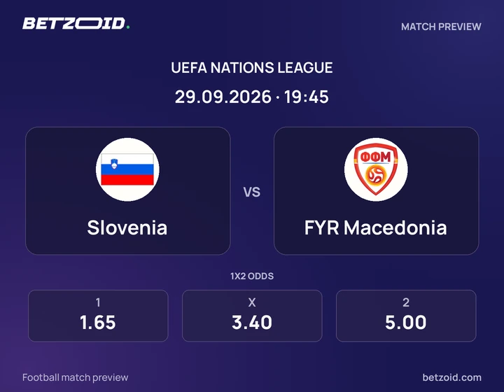 Slovenia vs FYR Macedonia: UEFA Nations League match preview with team badges and kick-off details.