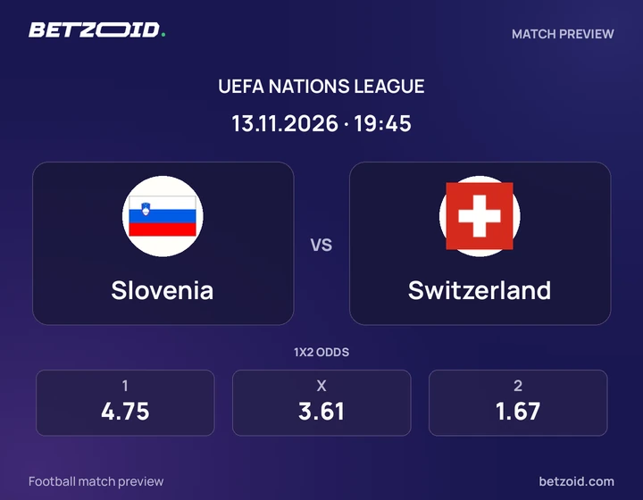 Slovenia vs Switzerland: UEFA Nations League match preview with team badges and kick-off details.