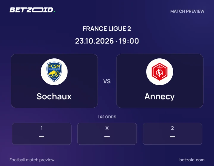 Sochaux vs Annecy: France Ligue 2 match preview with team badges and kick-off details.