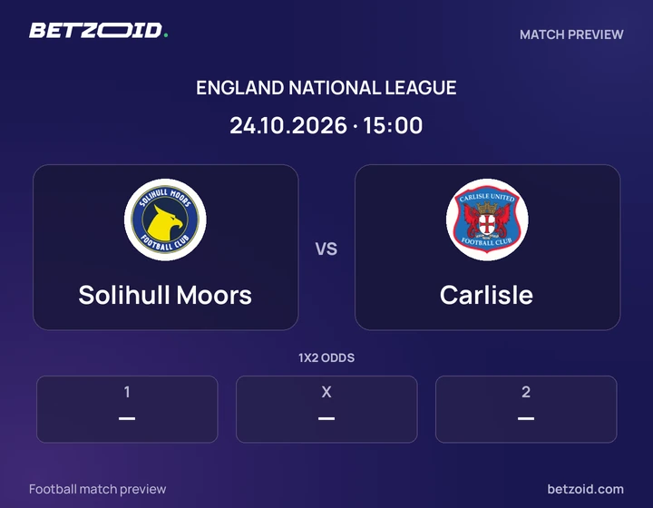 Solihull Moors vs Carlisle: England National League match preview with team badges and kick-off details.