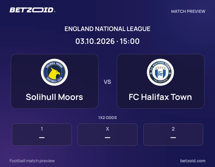 Solihull Moors vs FC Halifax Town: England National League match preview with team badges and kick-off details.
