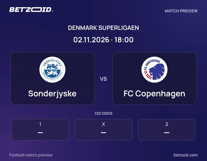 Sonderjyske - FC Copenhagen Sonderjyske vs FC Copenhagen: Denmark Superligaen match preview with team badges and kick-off details.