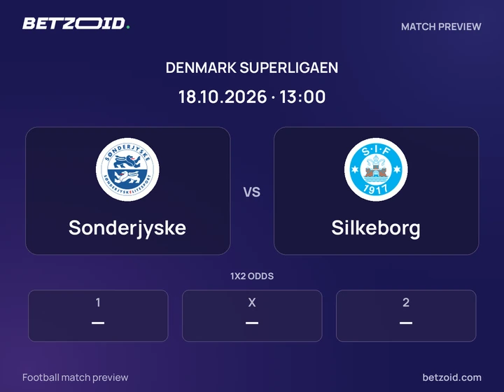 Sonderjyske vs Silkeborg: Denmark Superligaen match preview with team badges and kick-off details.