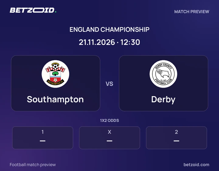 Southampton vs Derby: England Championship match preview with team badges and kick-off details.