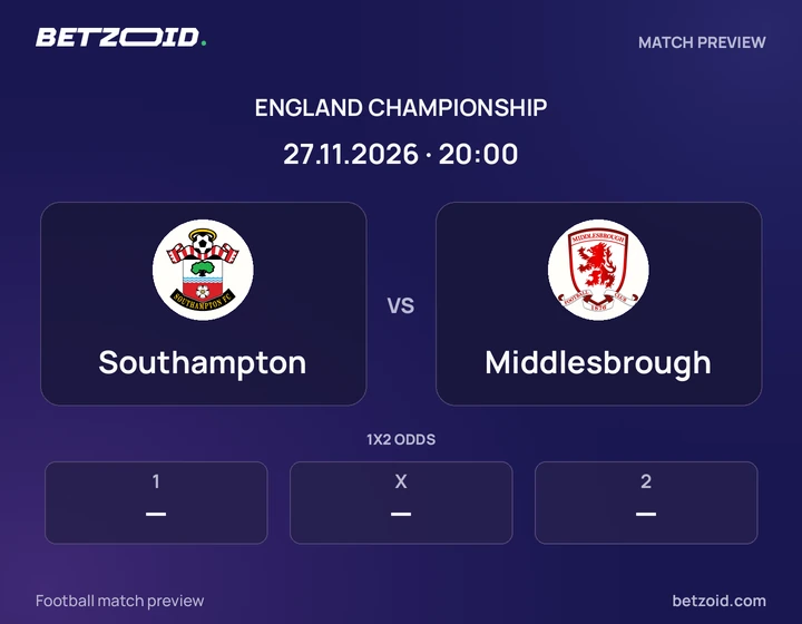 Southampton vs Middlesbrough: England Championship match preview with team badges and kick-off details.