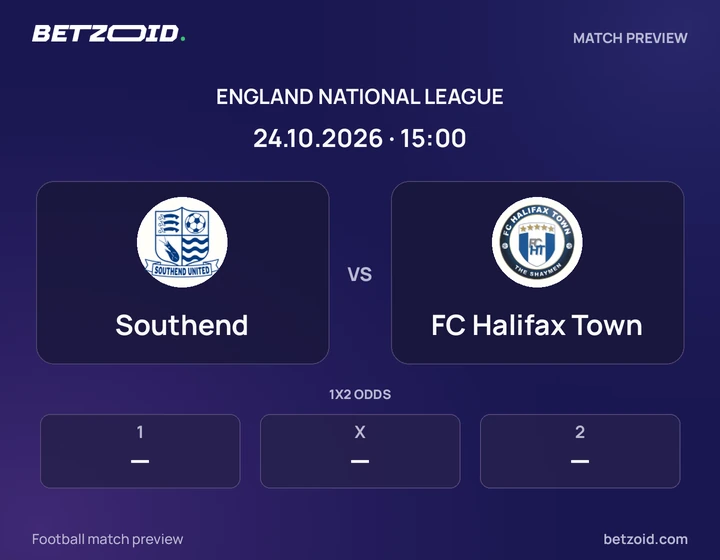 Southend vs FC Halifax Town: England National League match preview with team badges and kick-off details.