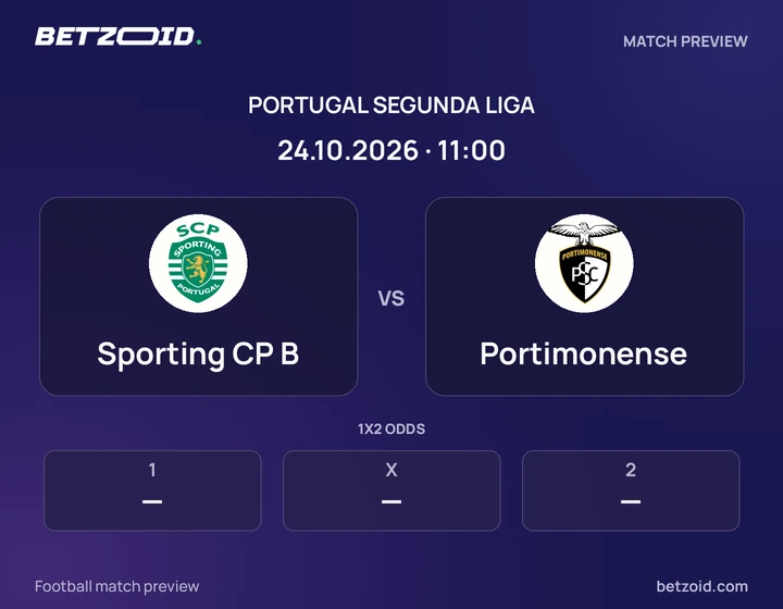 Sporting CP B vs Portimonense: Portugal Segunda Liga match preview with team badges and kick-off details.