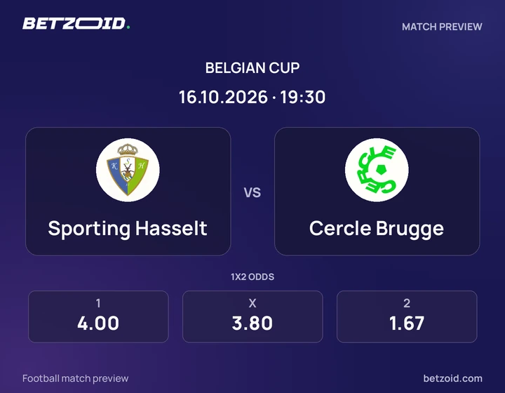 Sporting Hasselt vs Cercle Brugge: Belgian Cup match preview with team badges and kick-off details.