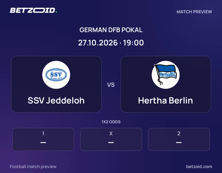 SSV Jeddeloh vs Hertha Berlin: German DFB Pokal match preview with team badges and kick-off details.