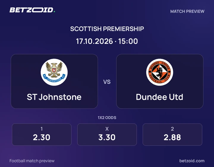 ST Johnstone vs Dundee Utd: Scottish Premiership match preview with team badges and kick-off details.