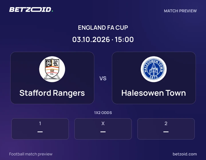 Stafford Rangers vs Halesowen Town: England FA Cup match preview with team badges and kick-off details.