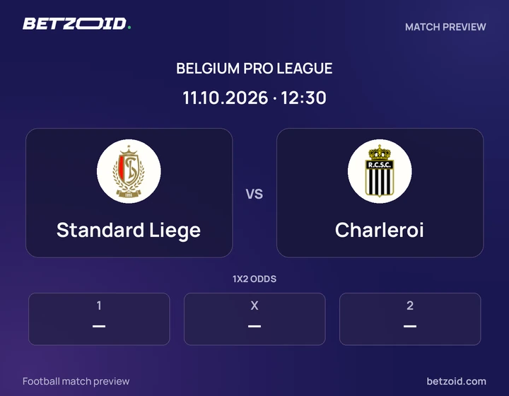 Standard Liege vs Charleroi: Belgium Pro League match preview with team badges and kick-off details.