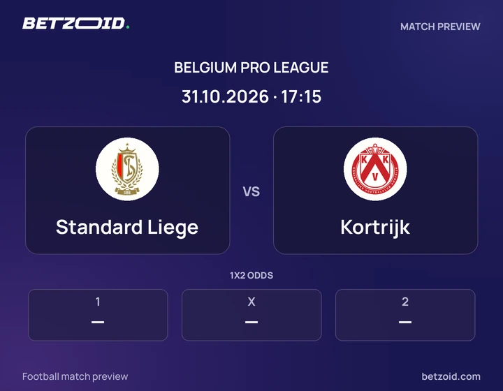 Standard Liege vs Kortrijk: Belgium Pro League match preview with team badges and kick-off details.