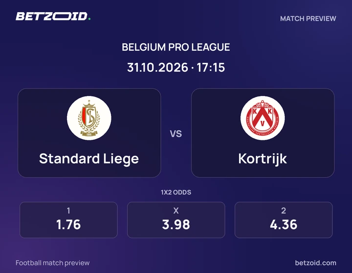 Standard Liege - Kortrijk Standard Liege vs Kortrijk: Belgium Pro League match preview with team badges and kick-off details.
