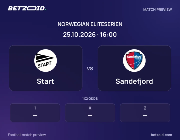 Start - Sandefjord Start vs Sandefjord: Norwegian Eliteserien match preview with team badges and kick-off details.