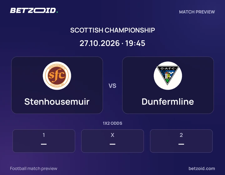 Stenhousemuir vs Dunfermline: Scottish Championship match preview with team badges and kick-off details.