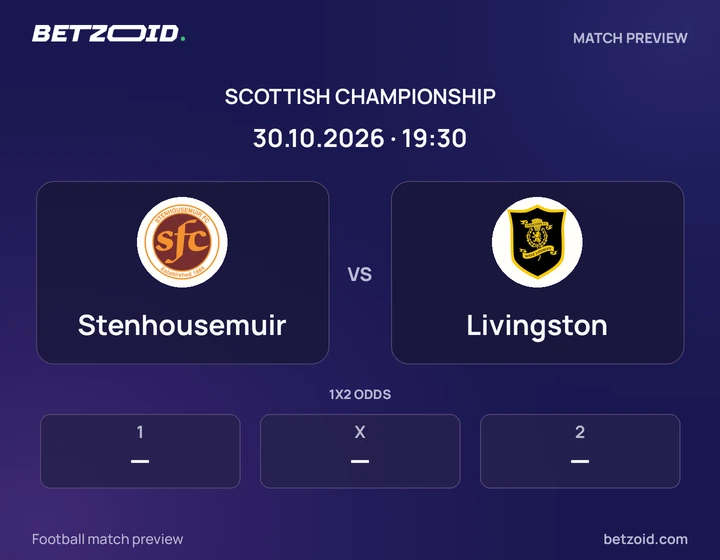 Stenhousemuir vs Livingston: Scottish Championship match preview with team badges and kick-off details.
