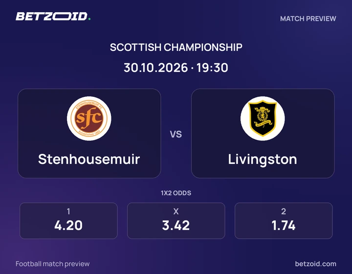 Stenhousemuir - Livingston Stenhousemuir vs Livingston: Scottish Championship match preview with team badges and kick-off details.