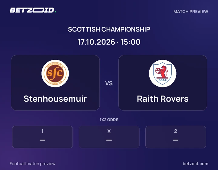 Stenhousemuir vs Raith Rovers: Scottish Championship match preview with team badges and kick-off details.