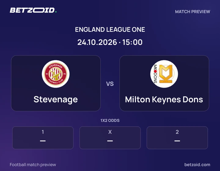 Stevenage vs Milton Keynes Dons: England League One match preview with team badges and kick-off details.