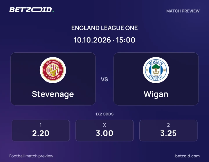 Stevenage vs Wigan: England League One match preview with team badges and kick-off details.