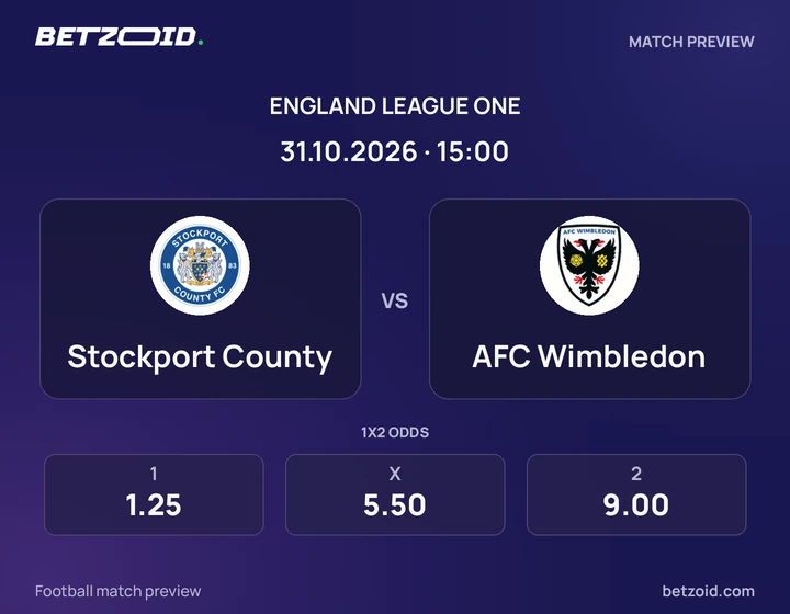 Stockport County - AFC Wimbledon Stockport County vs AFC Wimbledon: England League One match preview with team badges and kick-off details.