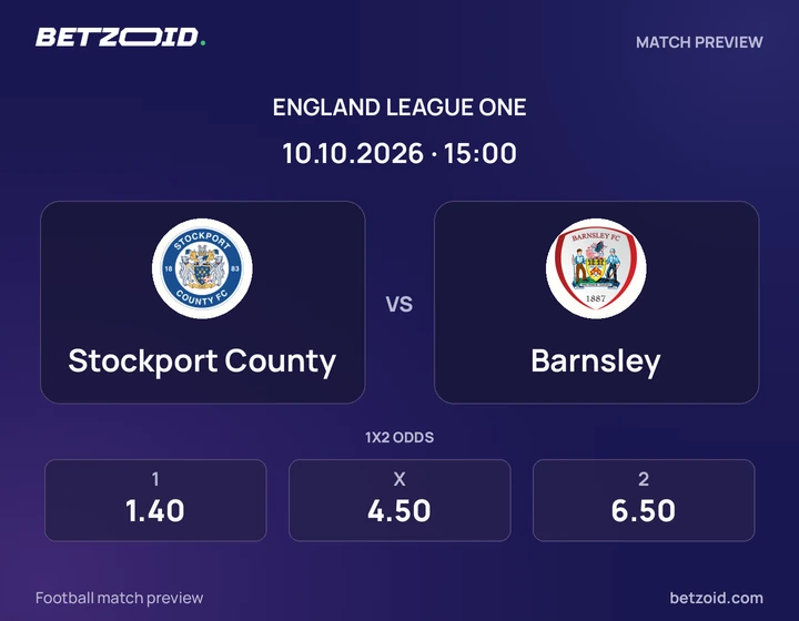 Stockport County vs Barnsley: England League One match preview with team badges and kick-off details.
