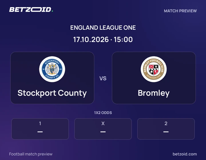 Stockport County vs Bromley: England League One match preview with team badges and kick-off details.