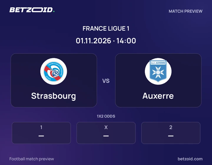 Strasbourg vs Auxerre: France Ligue 1 match preview with team badges and kick-off details.