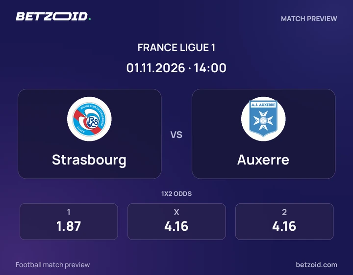 Strasbourg – Auxerre Strasbourg – Auxerre : présentation du match de Ligue 1 avec les logos des équipes et l’horaire du coup d’envoi.