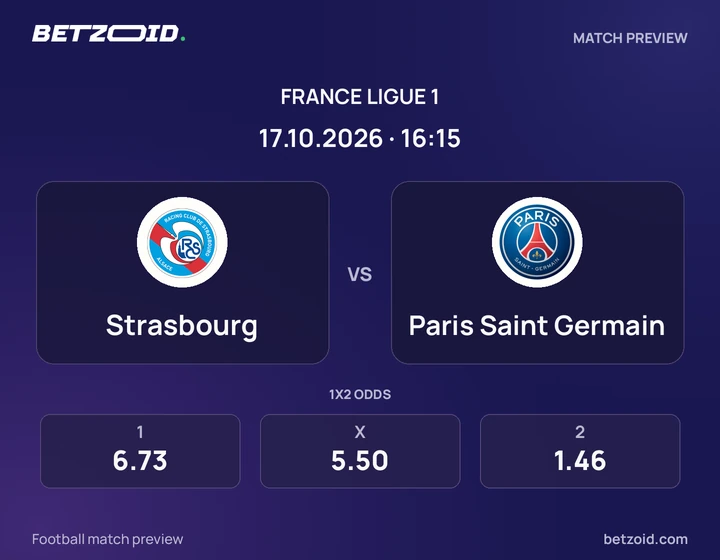 Strasbourg – Paris Saint-Germain Strasbourg – Paris Saint-Germain : présentation du match de Ligue 1 avec les logos des équipes et l’horaire du coup d’envoi.