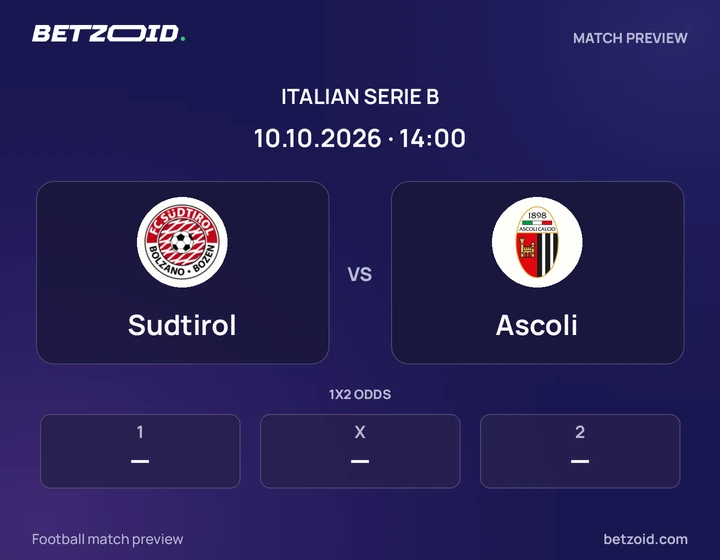 Sudtirol vs Ascoli: Italian Serie B match preview with team badges and kick-off details.