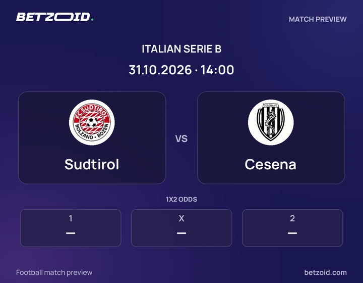 Sudtirol - Cesena Sudtirol vs Cesena: Italian Serie B match preview with team badges and kick-off details.
