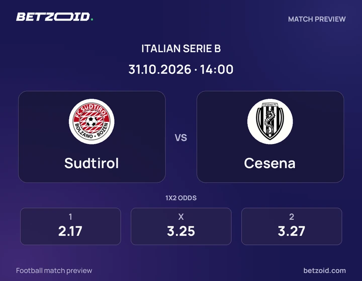Sudtirol - Cesena Sudtirol vs Cesena: Italian Serie B match preview with team badges and kick-off details.