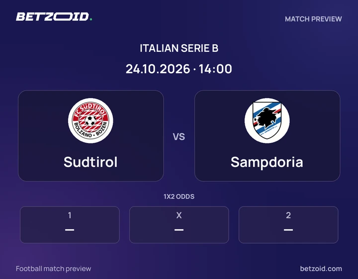 Sudtirol vs Sampdoria: Italian Serie B match preview with team badges and kick-off details.