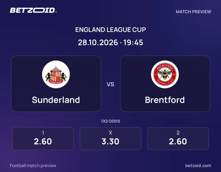 Sunderland vs Brentford: England League Cup match preview with team badges and kick-off details.