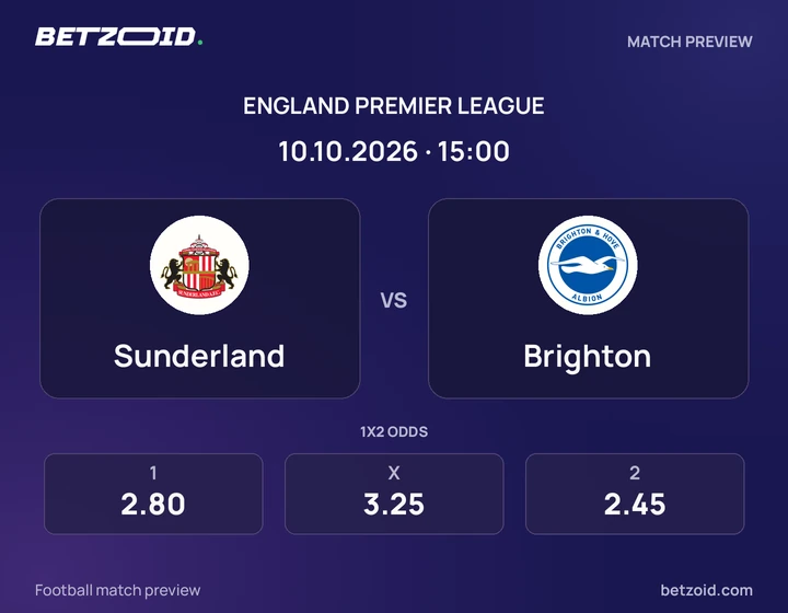 Sunderland vs Brighton: England Premier League match preview with team badges and kick-off details.