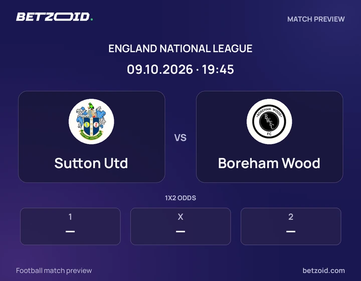 Sutton Utd vs Boreham Wood: England National League match preview with team badges and kick-off details.