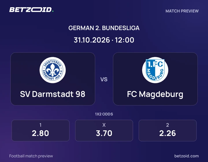 SV Darmstadt 98 - FC Magdeburg SV Darmstadt 98 vs FC Magdeburg: German 2. Bundesliga match preview with team badges and kick-off details.
