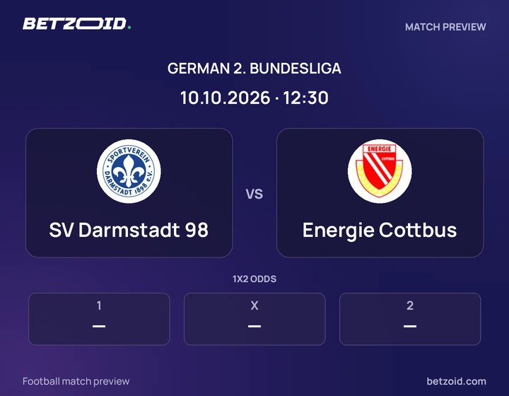 SV Darmstadt 98 vs Energie Cottbus: German 2. Bundesliga match preview with team badges and kick-off details.