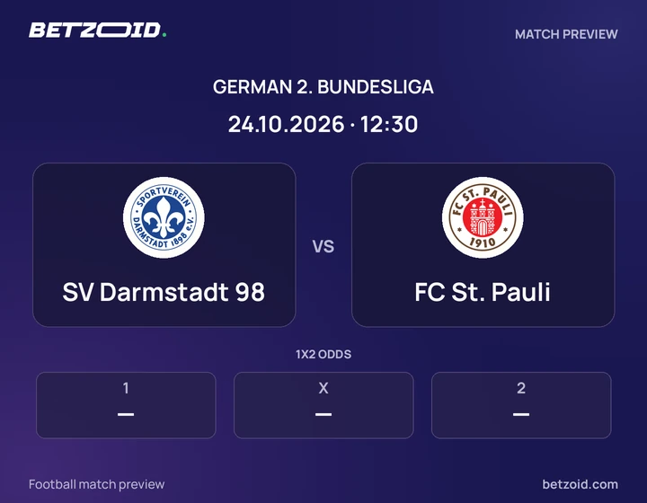 SV Darmstadt 98 vs FC St. Pauli: German 2. Bundesliga match preview with team badges and kick-off details.