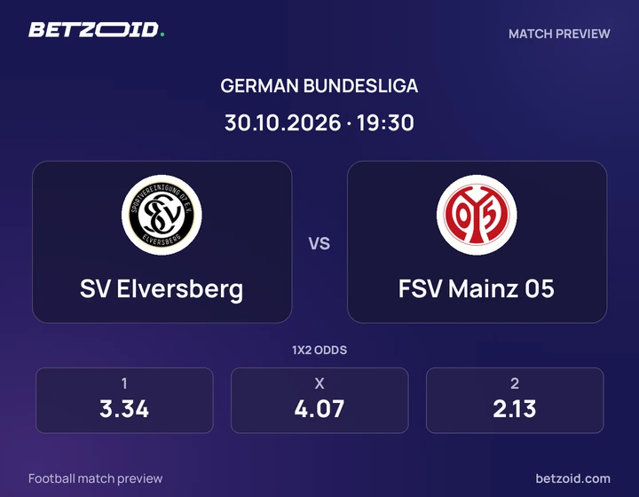 SV Elversberg – FSV Mainz 05 SV Elversberg – FSV Mainz 05: Spielvorschau zum Wettbewerb Bundesliga mit Teamlogos und Anstoßzeit.