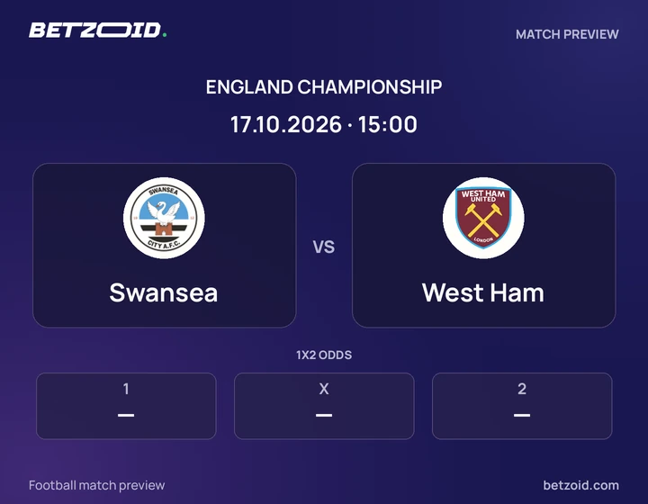 Swansea vs West Ham: England Championship match preview with team badges and kick-off details.