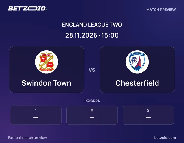 Swindon Town vs Chesterfield: England League Two match preview with team badges and kick-off details.
