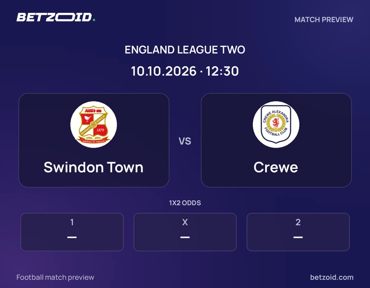 Swindon Town vs Crewe: England League Two match preview with team badges and kick-off details.
