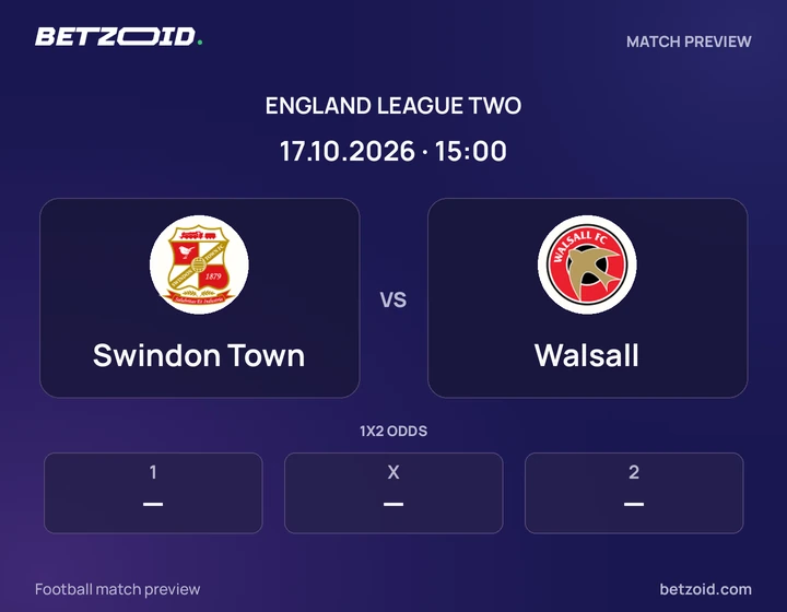 Swindon Town vs Walsall: England League Two match preview with team badges and kick-off details.