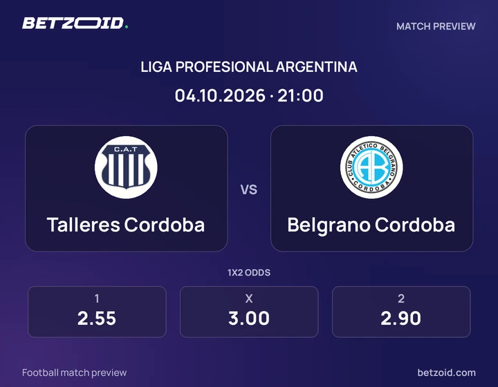 Talleres Cordoba vs Belgrano Cordoba: Liga Profesional Argentina match preview with team badges and kick-off details.