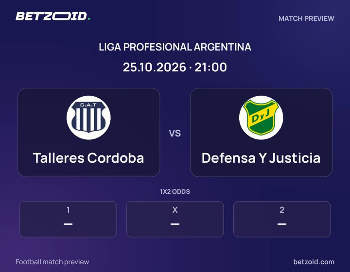 Talleres Cordoba vs Defensa Y Justicia: Liga Profesional Argentina match preview with team badges and kick-off details.