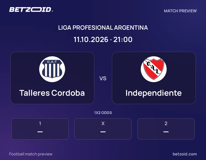 Talleres Cordoba vs Independiente: Liga Profesional Argentina match preview with team badges and kick-off details.