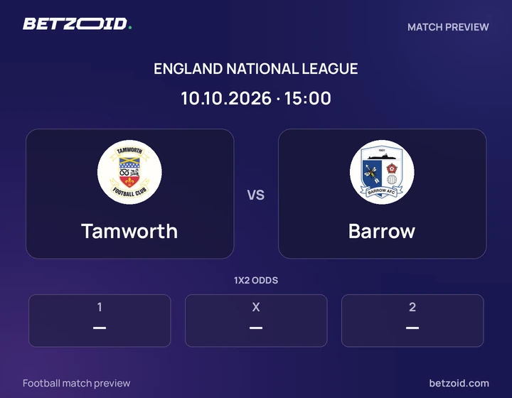 Tamworth vs Barrow: England National League match preview with team badges and kick-off details.